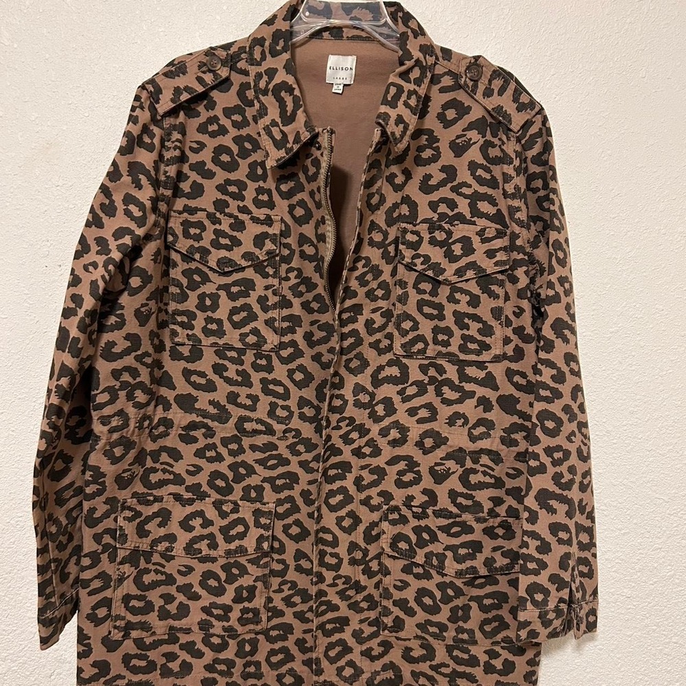 Ellison Womens Leopard Print Zip Front Collared Jacket Brown Size Lg